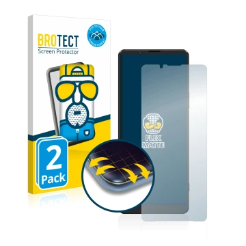 Front side of a product packaging with the brand logo BROTECT. Next to it is the device Sony Xperia 1 III shown with the corre