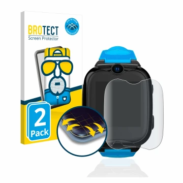 Front side of a product packaging with the brand logo BROTECT. Next to it is the device Xplora XGO2 shown with the correspondi