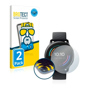Front side of a product packaging with the brand logo BROTECT. Next to it is the device OnePlus Watch shown with the correspon