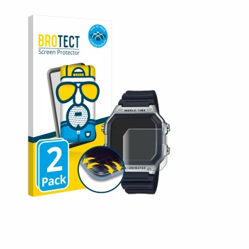 Front side of a product packaging with the brand logo BROTECT. Next to it is the device Casio AE-1200WH shown with the corresp