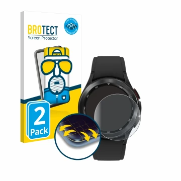 Front side of a product packaging with the brand logo BROTECT. Next to it is the device Samsung Galaxy Watch 4 Classic (42mm) 