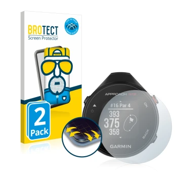Front side of a product packaging with the brand logo BROTECT. Next to it is the device Garmin Approach G12 shown with the cor