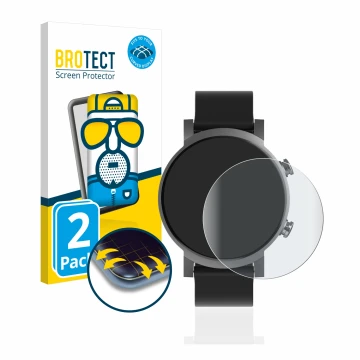 Front side of a product packaging with the brand logo BROTECT. Next to it is the device Mobvoi Ticwatch E3 shown with the corr
