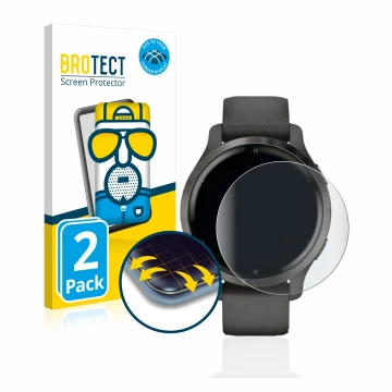 Front side of a product packaging with the brand logo BROTECT. Next to it is the device Garmin Venu 2S shown with the correspo