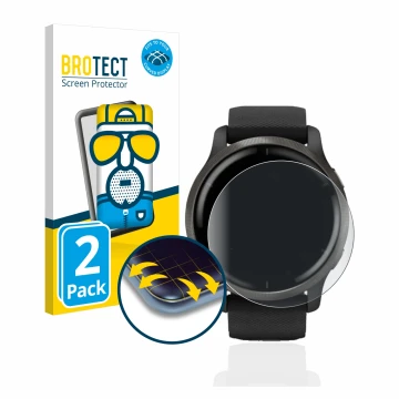 Front side of a product packaging with the brand logo BROTECT. Next to it is the device Garmin Venu 2 shown with the correspon