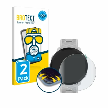 Front side of a product packaging with the brand logo BROTECT. Next to it is the device Garmin Forerunner 55 shown with the co