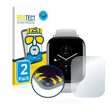 Front side of a product packaging with the brand logo BROTECT. Next to it is the device Huami Amazfit Zepp E Square shown with