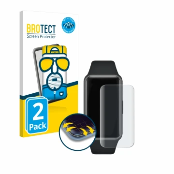 Front side of a product packaging with the brand logo BROTECT. Next to it is the device Huawei Band 6 shown with the correspon