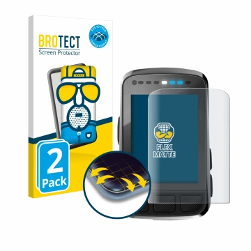 Front side of a product packaging with the brand logo BROTECT. Next to it is the device Wahoo Elemnt Bolt V2 GPS shown with th