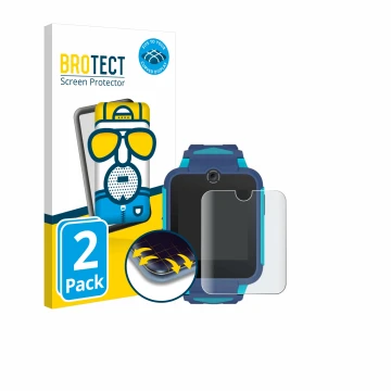 Front side of a product packaging with the brand logo BROTECT. Next to it is the device TCL Movetime Family Watch 2 shown with