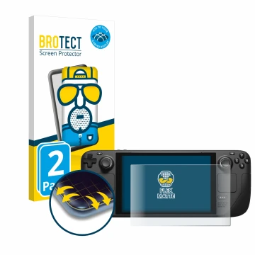 Front side of a product packaging with the brand logo BROTECT. Next to it is the device Valve Steam Deck shown with the corres