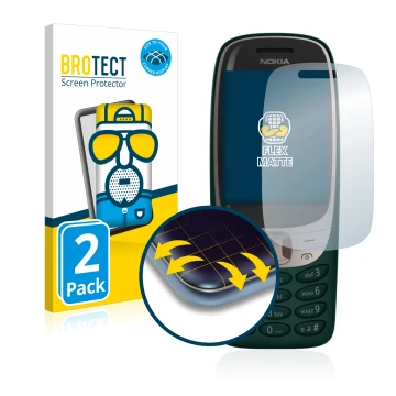 Front side of a product packaging with the brand logo BROTECT. Next to it is the device Nokia 6310 (2021) shown with the corre