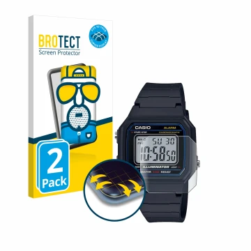 Front side of a product packaging with the brand logo BROTECT. Next to it is the device Casio Unisex W-800H-1BVES shown with t