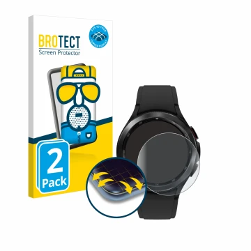 Front side of a product packaging with the brand logo BROTECT. Next to it is the device Samsung Galaxy Watch 4 Classic (46mm) 