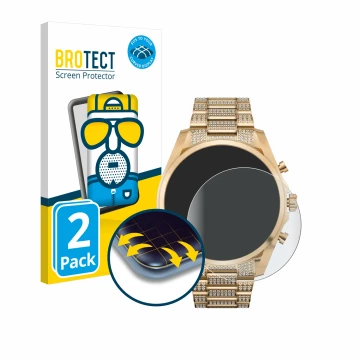 Front side of a product packaging with the brand logo BROTECT. Next to it is the device Michael Kors Access Gen 6 Bradshaw sho