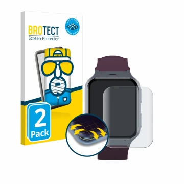 Front side of a product packaging with the brand logo BROTECT. Next to it is the device TCL Safety Watch MT43AX shown with the