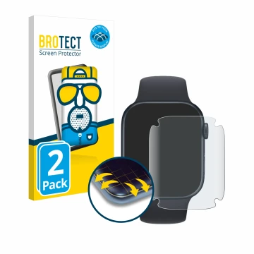 Front side of a product packaging with the brand logo BROTECT. Next to it is the device Apple Watch Series 7 (45 mm) shown wit