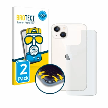 Front side of a product packaging with the brand logo BROTECT. Next to it is the device Apple iPhone 13 (Back) shown with the 