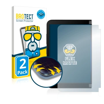 Front side of a product packaging with the brand logo BROTECT. Next to it is the device Microsoft Surface Duo 2 (Outer display