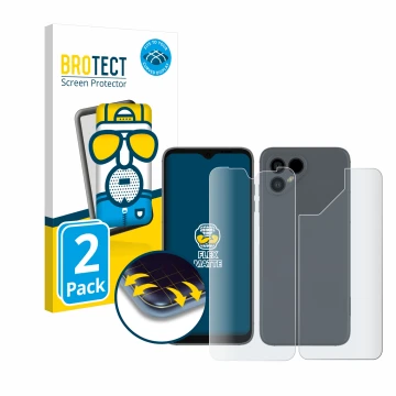Front side of a product packaging with the brand logo BROTECT. Next to it is the device Fairphone 4 (Front+Back) shown with th