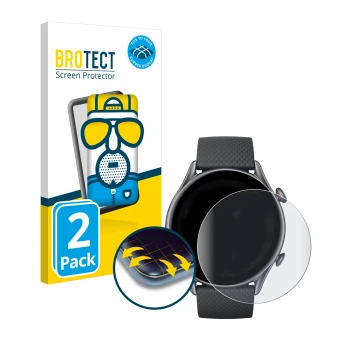 Front side of a product packaging with the brand logo BROTECT. Next to it is the device Huami Amazfit GTR 3 Pro shown with the