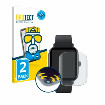 Front side of a product packaging with the brand logo BROTECT. Next to it is the device Huami Amazfit GTS 3 shown with the cor