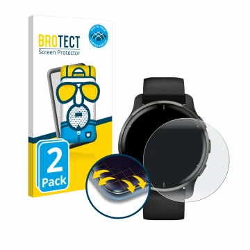 Front side of a product packaging with the brand logo BROTECT. Next to it is the device Garmin Venu 2 Plus shown with the corr
