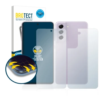 Front side of a product packaging with the brand logo BROTECT. Next to it is the device Samsung Galaxy S21 FE 5G (Front+Back) 