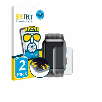 Front side of a product packaging with the brand logo BROTECT. Next to it is the device Huawei Watch D shown with the correspo