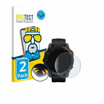 Front side of a product packaging with the brand logo BROTECT. Next to it is the device Garmin epix (Gen. 2) shown with the co