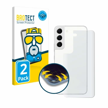 Front side of a product packaging with the brand logo BROTECT. Next to it is the device Samsung Galaxy S22 5G (Back) shown wit