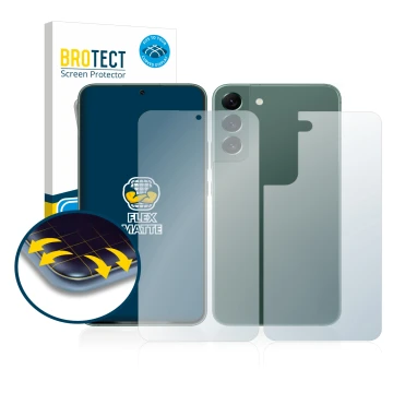 Front side of a product packaging with the brand logo BROTECT. Next to it is the device Samsung Galaxy S22 Plus 5G (Front+Back