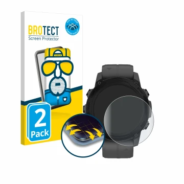 Front side of a product packaging with the brand logo BROTECT. Next to it is the device Garmin Descent G1 shown with the corre