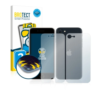 Front side of a product packaging with the brand logo BROTECT. Next to it is the device Apple iPhone SE 3 2022 (Front+Back) sh