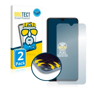 Front side of a product packaging with the brand logo BROTECT. Next to it is the device Samsung Galaxy A23 shown with the corr