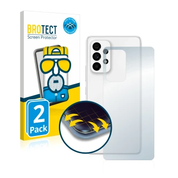 Front side of a product packaging with the brand logo BROTECT. Next to it is the device Samsung Galaxy A53 5G (Back) shown wit