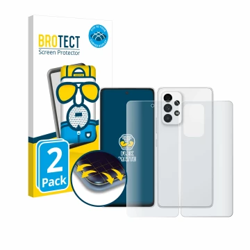 Front side of a product packaging with the brand logo BROTECT. Next to it is the device Samsung Galaxy A53 5G (Front+Back) sho