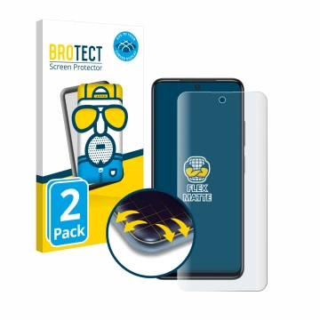 Front side of a product packaging with the brand logo BROTECT. Next to it is the device Xiaomi Poco M4 Pro shown with the corr