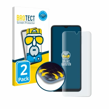 Front side of a product packaging with the brand logo BROTECT. Next to it is the device Samsung Galaxy A13 shown with the corr