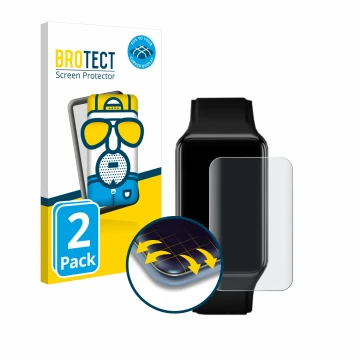 Front side of a product packaging with the brand logo BROTECT. Next to it is the device Oppo Watch Free shown with the corresp