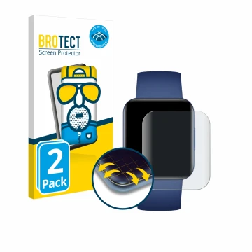 Front side of a product packaging with the brand logo BROTECT. Next to it is the device Xiaomi Poco Watch shown with the corre