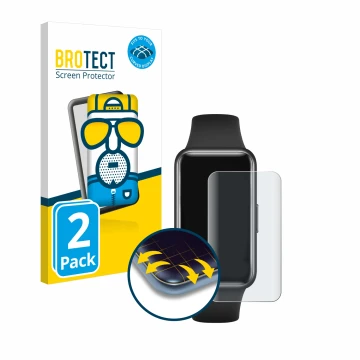 Front side of a product packaging with the brand logo BROTECT. Next to it is the device Huawei Band 7 shown with the correspon