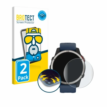 Front side of a product packaging with the brand logo BROTECT. Next to it is the device Garmin quatix 7 shown with the corresp