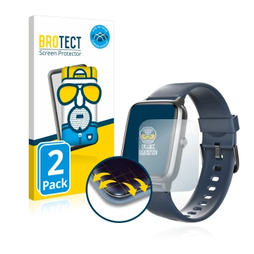 Front side of a product packaging with the brand logo BROTECT. Next to it is the device Hama Fit Watch 4900 shown with the cor