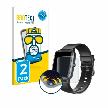 Front side of a product packaging with the brand logo BROTECT. Next to it is the device Hama Fit Watch 5910 shown with the cor