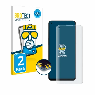 Front side of a product packaging with the brand logo BROTECT. Next to it is the device OnePlus Nord 2T 5G shown with the corr