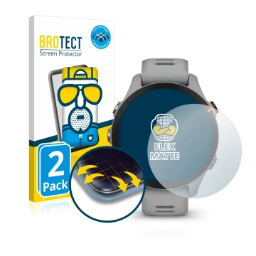 Front side of a product packaging with the brand logo BROTECT. Next to it is the device Garmin Forerunner 255S shown with the 