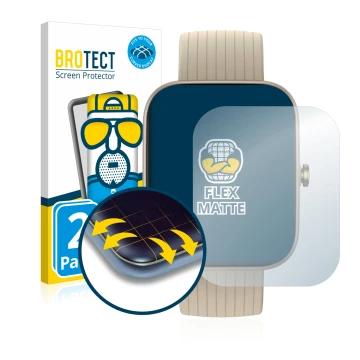 Front side of a product packaging with the brand logo BROTECT. Next to it is the device Huami Amazfit Bip 3 Pro shown with the