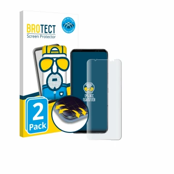 Front side of a product packaging with the brand logo BROTECT. Next to it is the device ASUS ROG Phone 6 shown with the corres