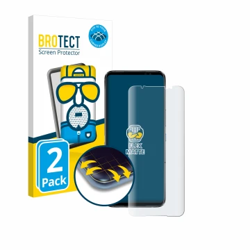 Front side of a product packaging with the brand logo BROTECT. Next to it is the device ASUS ROG Phone 6 Pro shown with the co